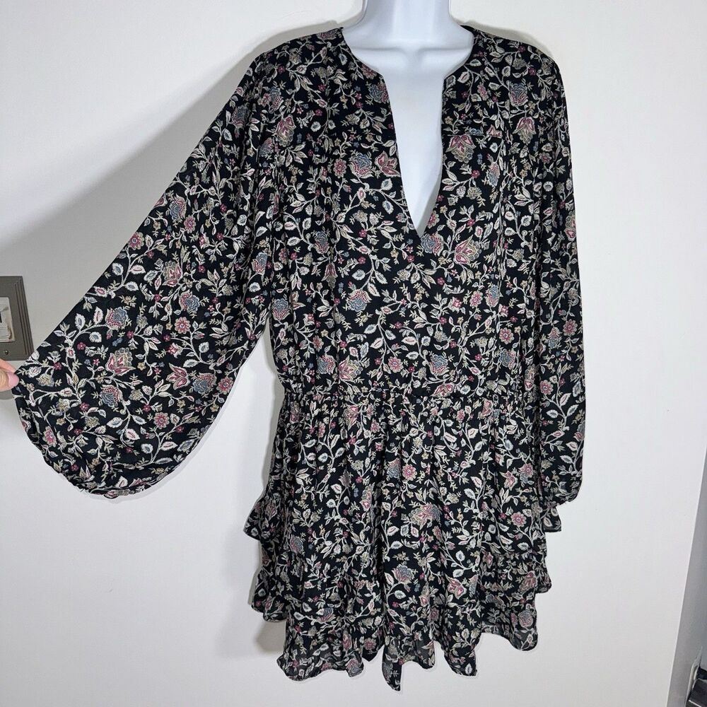 Abercrombie & Fitch Long Sleeve Easy Waist Ruffle Mini Dress Black Floral XL